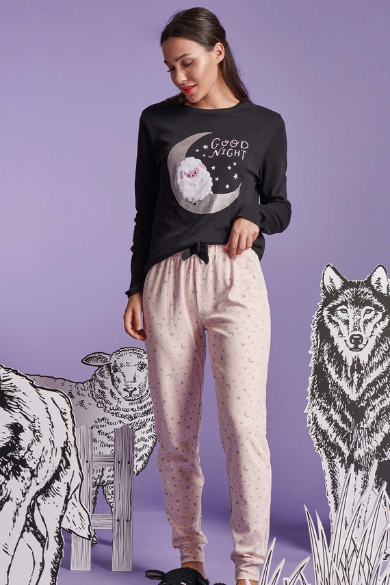 Shearly Dámské pyžamo Sorbetto černé - 100% bavlna, 3D aplikace, kalhoty na šňůrky