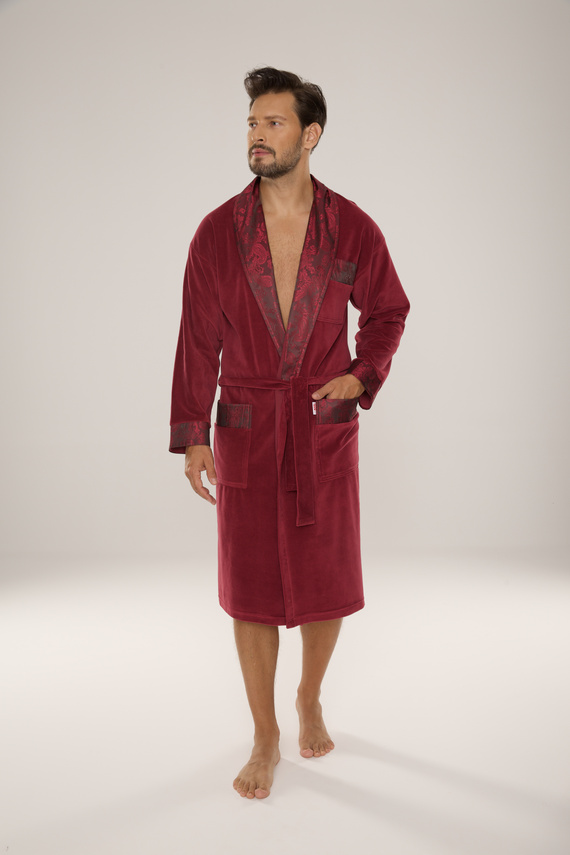 868 Noblesní pánský velurový župan De Lafense - elegantní, měkký, prémiový, vínový