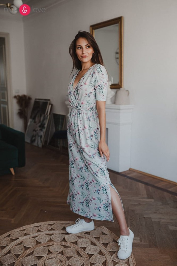 Sukienka ciążowa i do karmienia Two Ways LONG Milk&Love miętowa w magnolie i ptaki