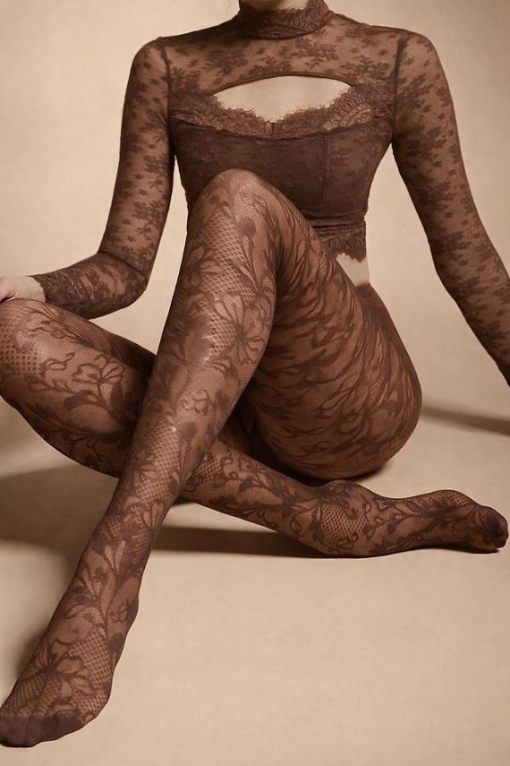 Dámské punčochové kalhoty Knittex Chantilly 30 den – krajkový květinový vzor mocca