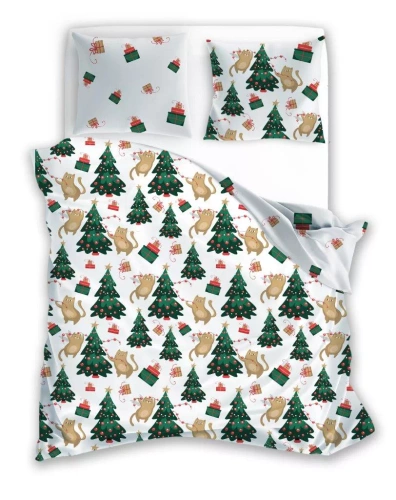 Holly Jolly 005 Vánoční povlečení Faro bílozelené vánoční stromky - saténové mikrovlákno, sada na zip