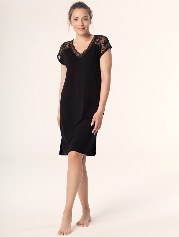 Noční košile Petra KB59 Mefemi Nipplex černá - viskóza, krajka, krátký rukáv, pod kolena