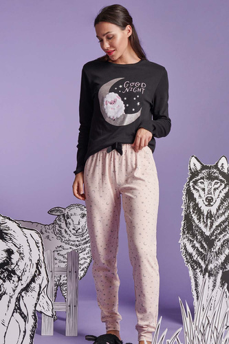 Shearly Dámské pyžamo Sorbetto černé - 100% bavlna, 3D aplikace, kalhoty na šňůrky