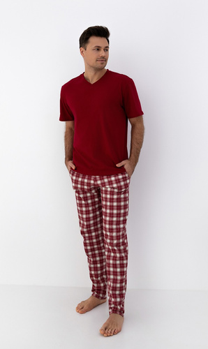 Matthew Pyžamo Sensis - pánské bavlněné pyžamo s výstřihem do V a kostkovanými kalhotami