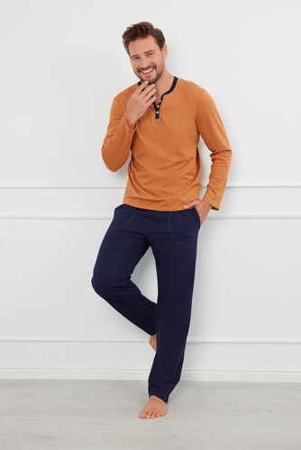 Julius Pánské pyžamo s dlouhým rukávem, dlouhé kalhoty Italian Fashion - koňaková/zelená