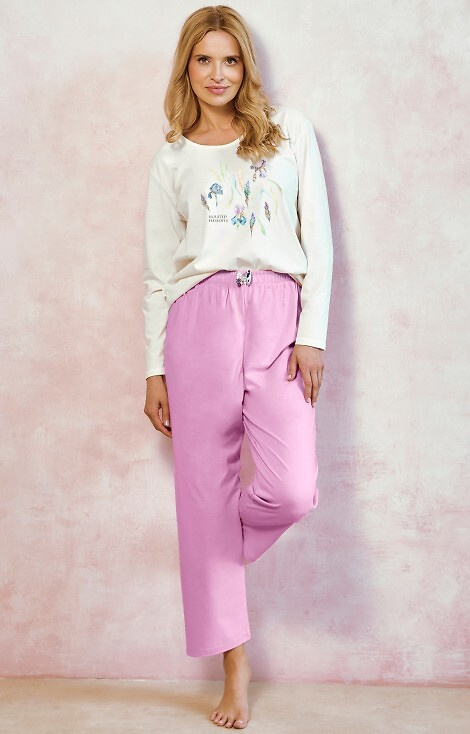 3459 Monica Dámské pyžamo Taro cream - 100% bavlna, dlouhý rukáv, květinový potisk