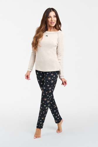 Denali Dámské pyžamo s dlouhým rukávem a dlouhými kalhotami Italian Fashion - béžová melanž/potisk