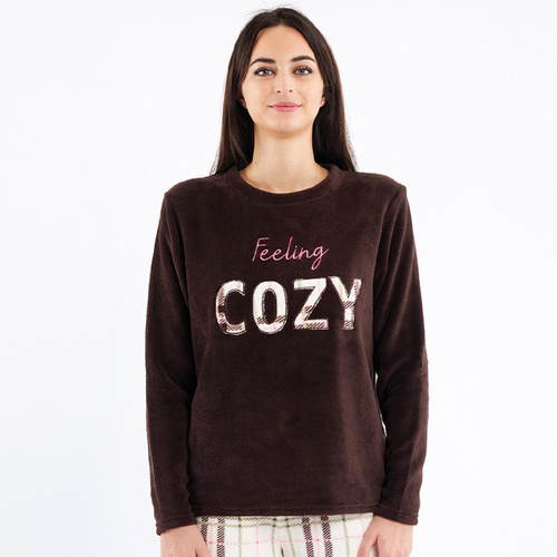 Hnědé pyžamo Liliana Sorbetto - hřejivý kostkovaný fleece s výšivkou