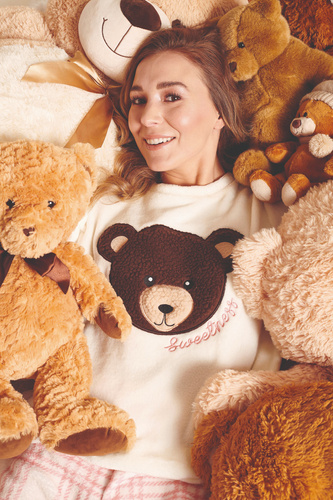 Madlen Dámské pyžamo Sorbetto ecru - fleece, s výšivkou medvídka a kostkovanými kalhotami