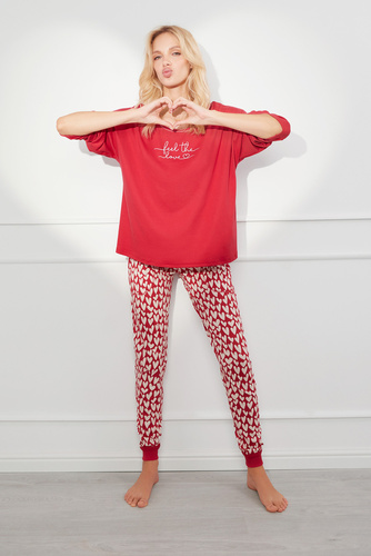 Evora Dámské pyžamo s dlouhým rukávem, dlouhé kalhoty Italian Fashion - červená/potisk