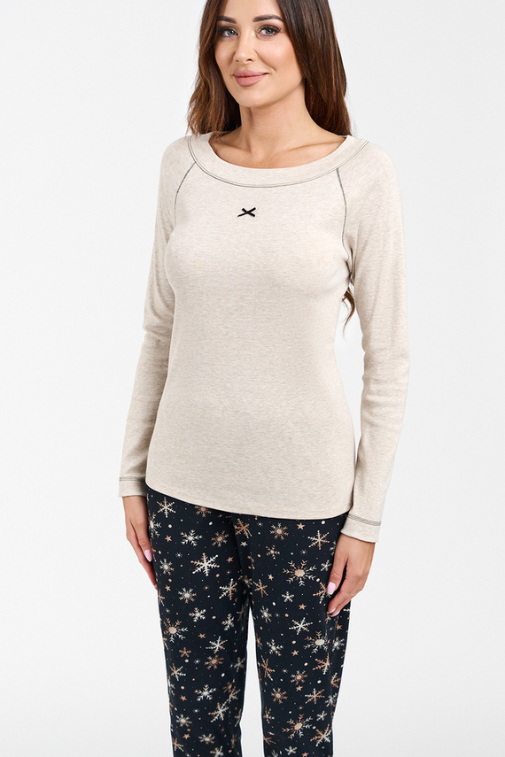 Denali Dámské pyžamo s dlouhým rukávem a dlouhými kalhotami Italian Fashion - béžová melanž/potisk