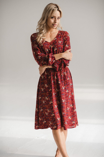 Krásné šaty Midi těhotenské a kojící šaty Milk&Love - bordó květinové, dlouhý rukáv