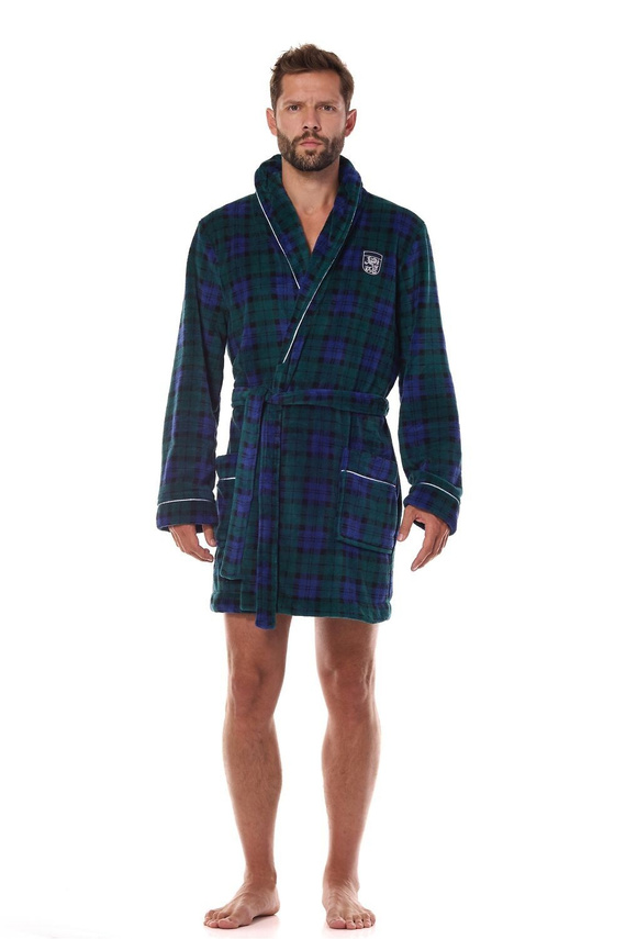 2456 BJ Pánský župan L&L tmavě modrý - měkký, kostkovaný s límečkem