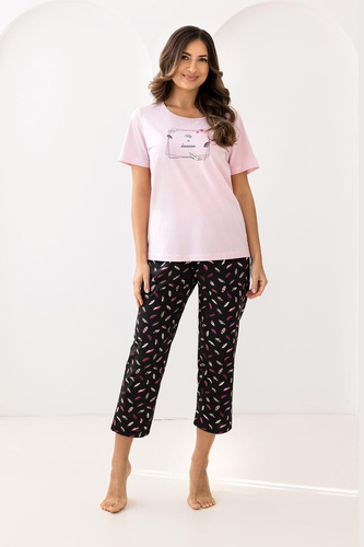 733 Růžové pyžamo Regina - bavlna, krátké rukávy, půlkulatý výstřih, potisk na přední straně