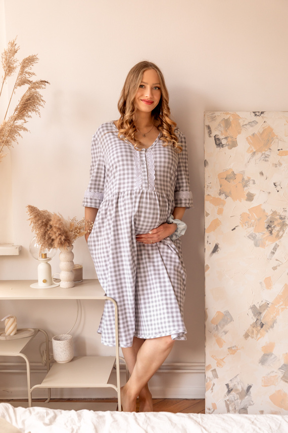 34LI Lidia Těhotenská a kojící košile Marija - 100% bavlna, klasický kostkovaný vzor