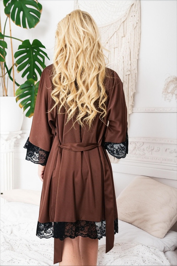 Sumi Kalimo - dámský saténový župan s krajkou, elegantní hnědý župan s páskem