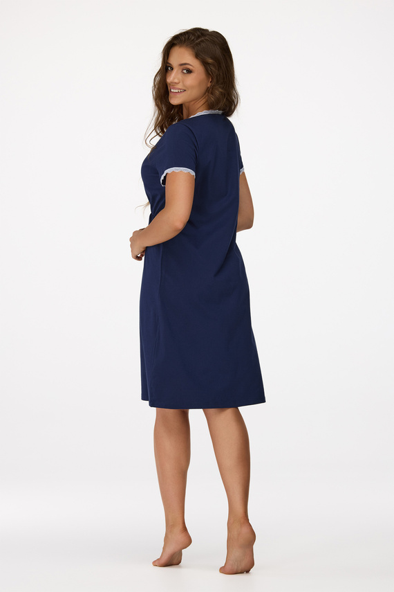 ne. 36 Těhotenská noční košile Senizo navy blue - 100% bavlna, krajka, krátký rukáv, na kojení