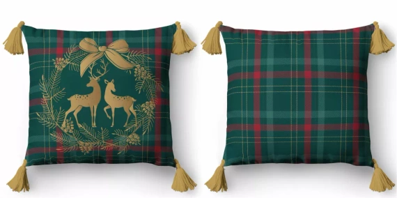 5380 Vánoční dekorativní povlak na polštář Detexpol sobi ve věnci na kostkovaném pozadí - zip