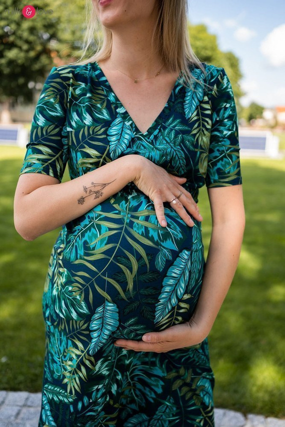 Sukienka ciążowa i do karmienia Two Ways LONG Milk&Love granatowa w tropikalne liście 