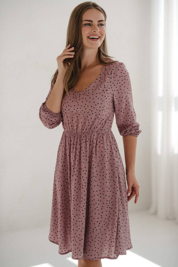 Lovely Dress sukienka ciążowa i do karmienia rękaw 3/4 Milk&Love liliowa w czarne groszki