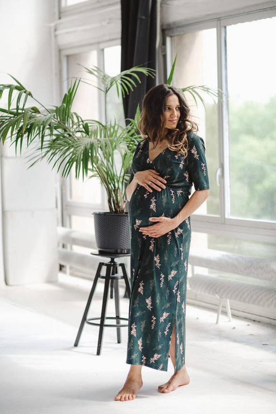 Sukienka ciążowa i do karmienia Two Ways LONG Milk&Love butelkowa zieleń w gałązki