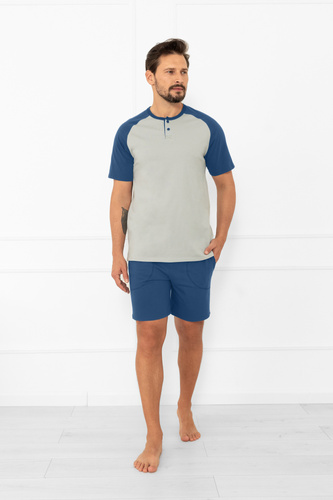 Pánské pyžamo Alexander Italian Fashion - krátké rukávy a krátké šortky, 100% bavlna - šedá/jeans