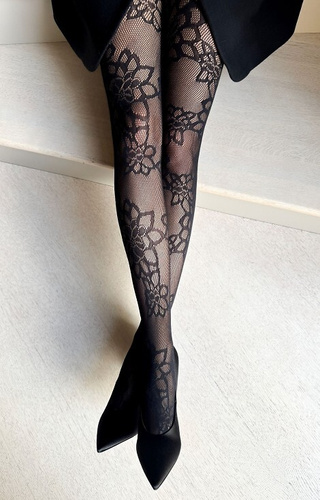 Francesca Veneziana punčocháče černé - kabaretní s květinovým vzorem, elegantní a elastické