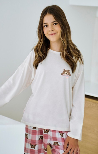 3503 Astrid Taro dívčí pyžamo béžové - bavlna, potisk, kostkované kalhoty