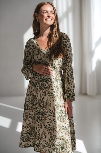Krásné šaty Midi Milk&Love v zelených květech - těhotenské a kojící šaty ze lnu, elegantní střih s kojícími zipy