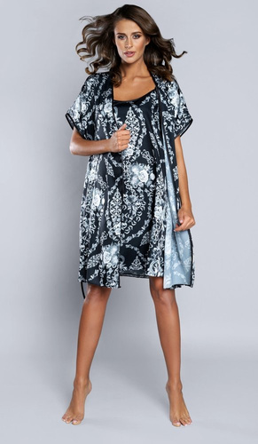 Stříbrný dámský župan s krátkým rukávem Saténová italská móda - tmavě modrá