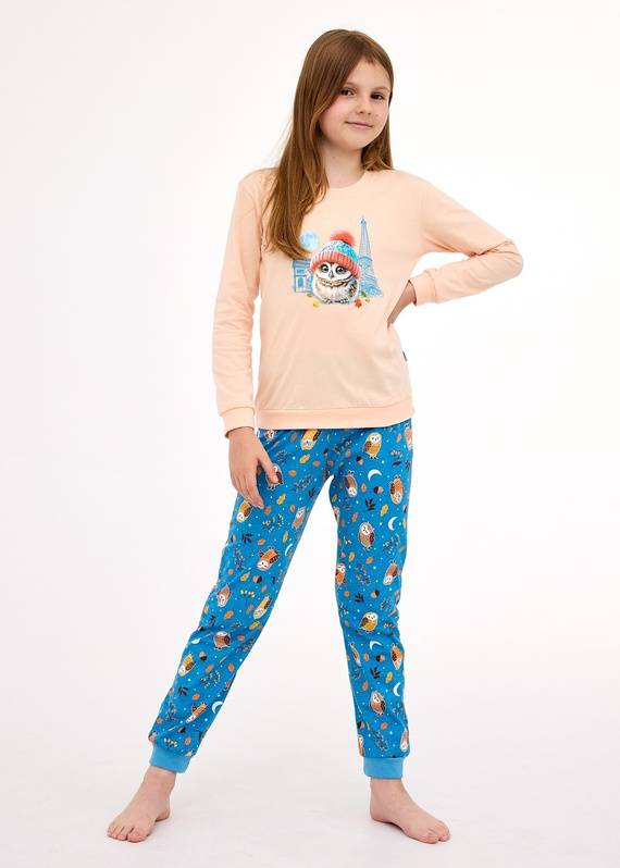977/188, 978/188 Dívčí pyžamo Paris - bavlna, dlouhý rukáv, broskvová barva