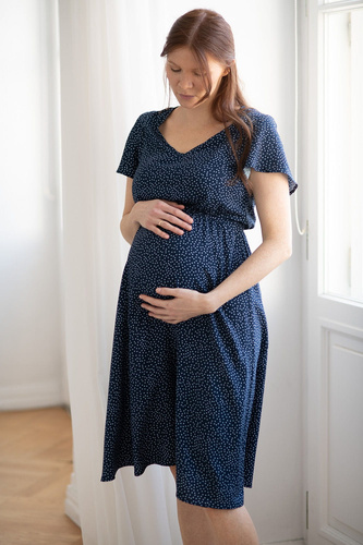 Lovely Dress Midi sukienka ciążowa i do karmienia krótki rękaw Milk&Love granatowa w groszki