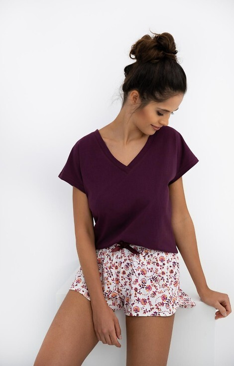 Dámské pyžamo Marisol Sensis - vínová košilka, květované šortky, 100% bavlna