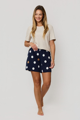 Dámské pyžamo Mefemi by Nipplex Oceane beige - žebrovaná viskóza, tričko a šortky s hráškem
