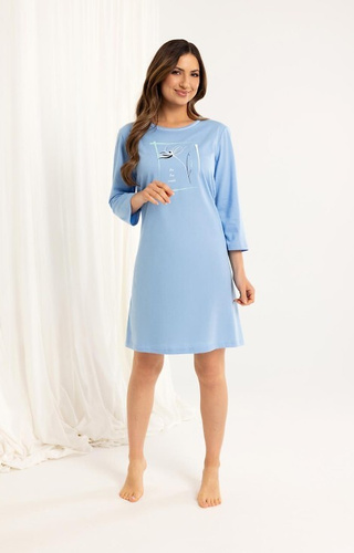 166 Dámské bavlněné modré tričko - 3/4 rukáv, potisk, délka ke kolenům