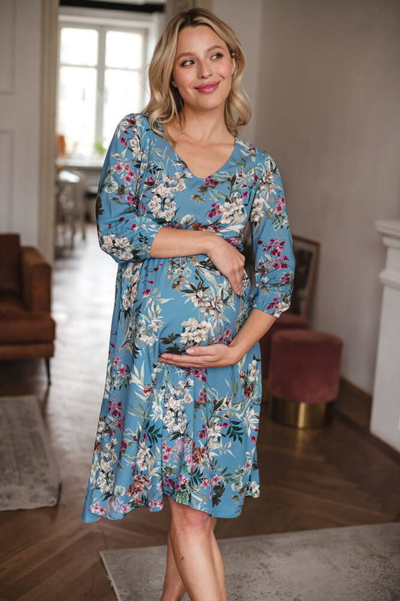 Lovely Dress Midi sukienka ciążowa i do karmienia rękaw 3/4 Milk&Love błękitna w kwiaty