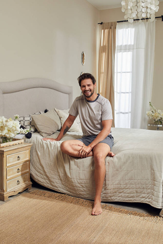 Abel Pánské pyžamo s krátkým rukávem, šortky Italian Fashion - béžová/potisk