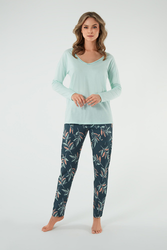 Julietta Dámské pyžamo s dlouhým rukávem a dlouhými kalhotami Italian Fashion - pistácie/potisk