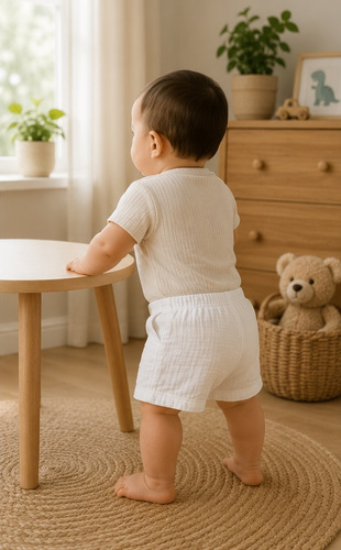 SZ55308 Mamatti modré mušelínové kraťasy s kapsami a knoflíky na léto