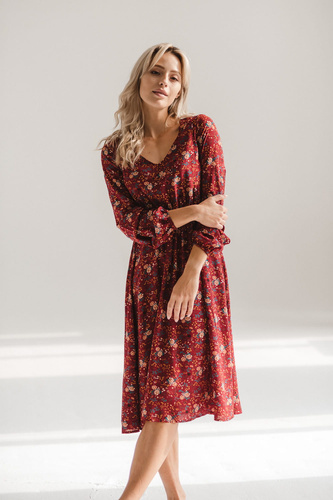 Krásné šaty Midi těhotenské a kojící šaty Milk&Love - bordó květinové, dlouhý rukáv
