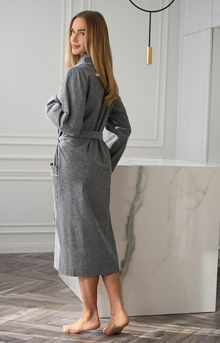 2530 Coco Dámský župan L&L šedý - dlouhý, bavlněný, s růžovým lemováním