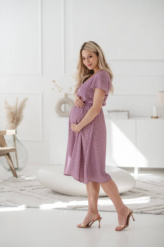 Lovely Dress Midi sukienka ciążowa i do karmienia krótki rękaw Milk&Love lilowy róż w groszki