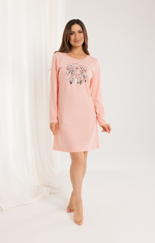 162 Bavlněná noční košile Regina apricot - dlouhý rukáv, potisk, pod kolena
