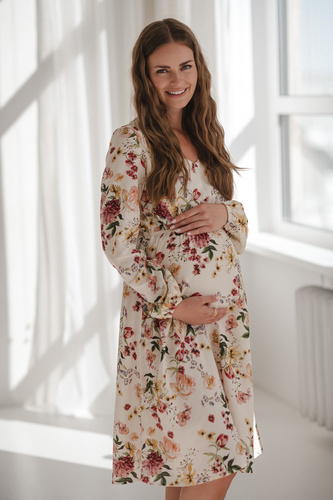 Krásné šaty Midi Milk&Love krémové květinové těhotenské a kojící šaty ze lnu, elegantní střih s kojícími zipy