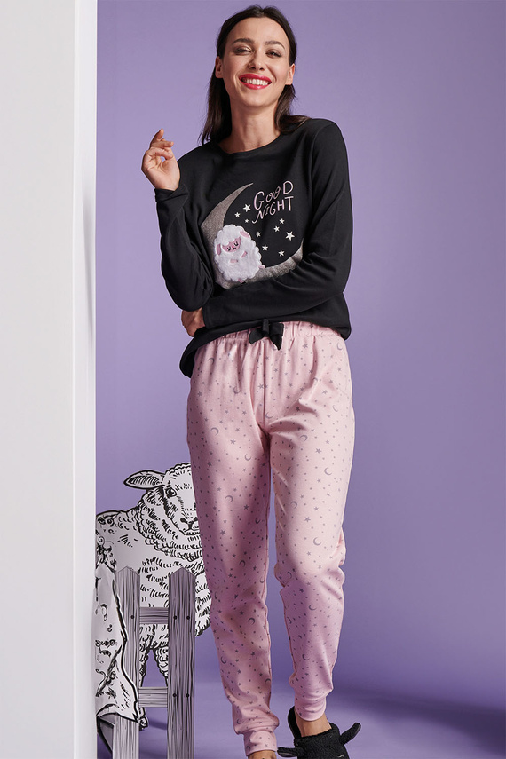 Shearly Dámské pyžamo Sorbetto černé - 100% bavlna, 3D aplikace, kalhoty na šňůrky