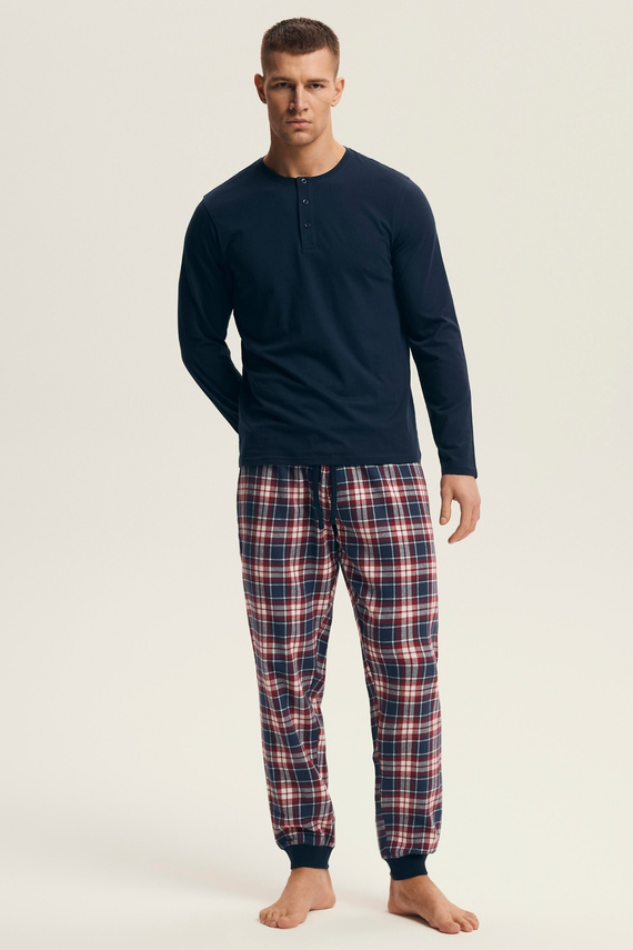 Pánské pyžamo Henderson 43457 Noir navy blue - bavlna, s flanelovými kalhotami