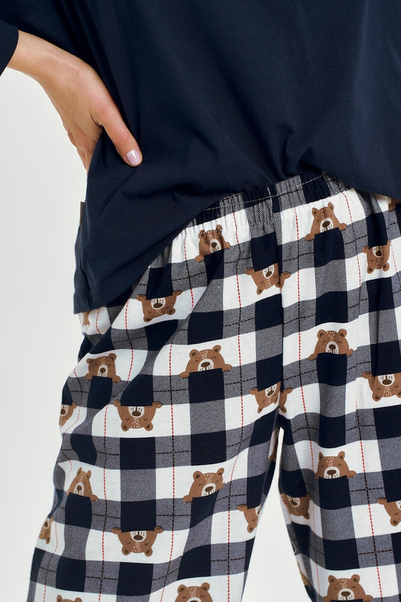 3441 Astrid dámské bavlněné pyžamo Taro navy blue - dlouhý rukáv, kostkované flanelové kalhoty