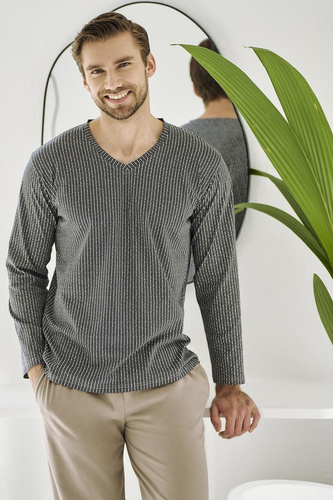 Pánské pyžamo Luca 3481 - bavlna, grafitová, dlouhý rukáv