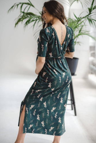 Sukienka ciążowa i do karmienia Two Ways LONG Milk&Love butelkowa zieleń w gałązki