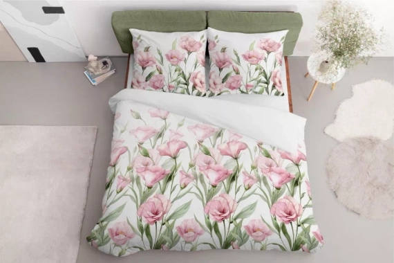 5328 B Pościel satynowa Różowe kwiaty duży na białym tle Detexpol